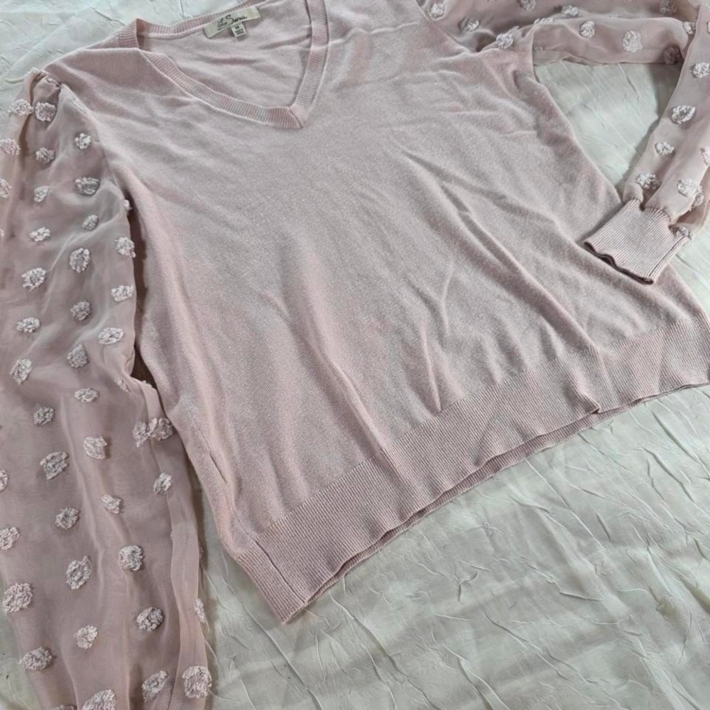 Les Serein Pink V-Neck Sweater Swiss Dot Puff Sleeve SN70421SW6 size M